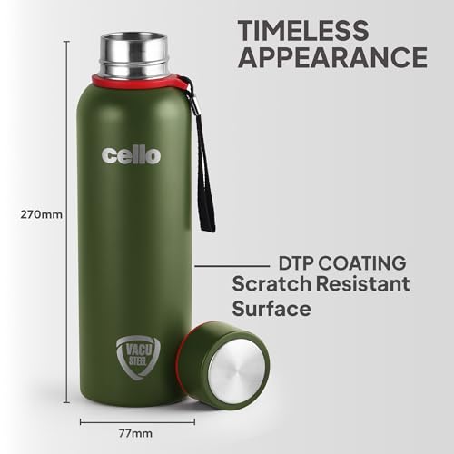 Cello Duro Kent Thermosteel Flask with DTP Coating, 900ml, Military Green | 24 Hours Hot and Cold Stainless Steel Bottle | Flask